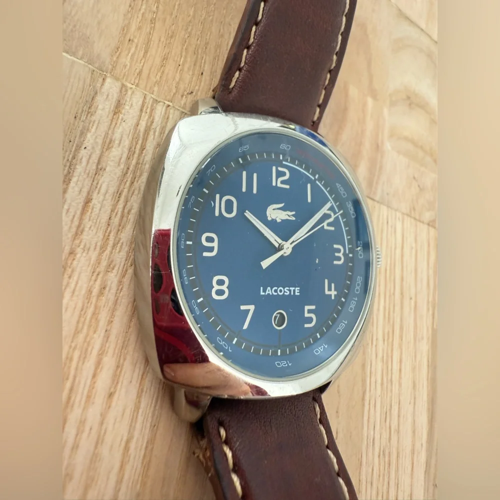 Lacoste mens blue dial silver tone brown leather watch NEW BATTERY